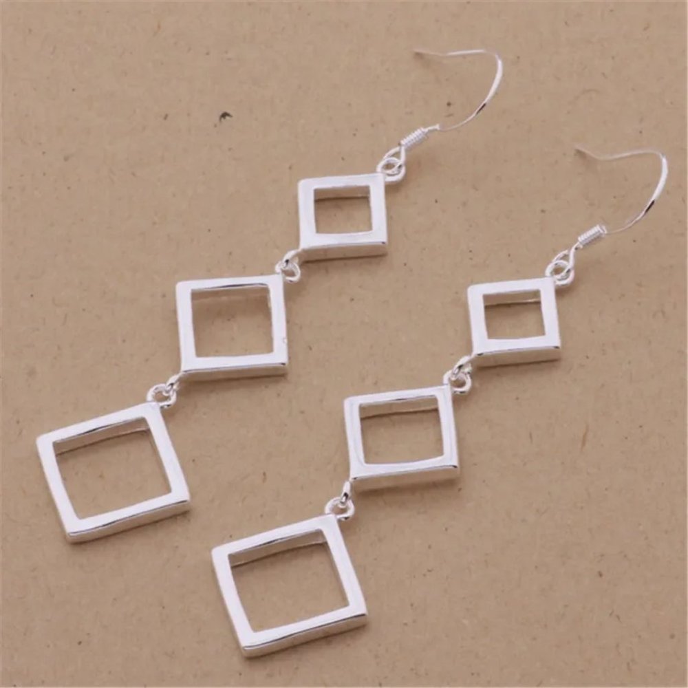 Gorgeous Hypoallergenic Hanging Squares 925 Sterling Silver 3 Inch Long Earrings - Picture 2 of 6